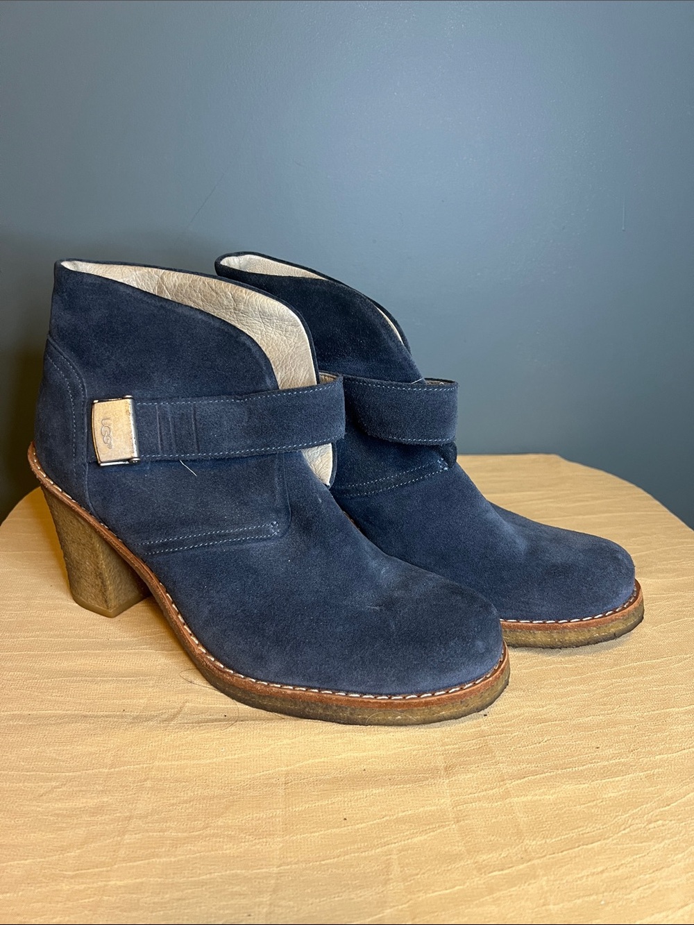 UGG Navy Suede Heeled Ankle Boots with Buckle Strap